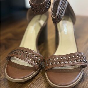Women’s Brown Woven Ankle-Strap Heels